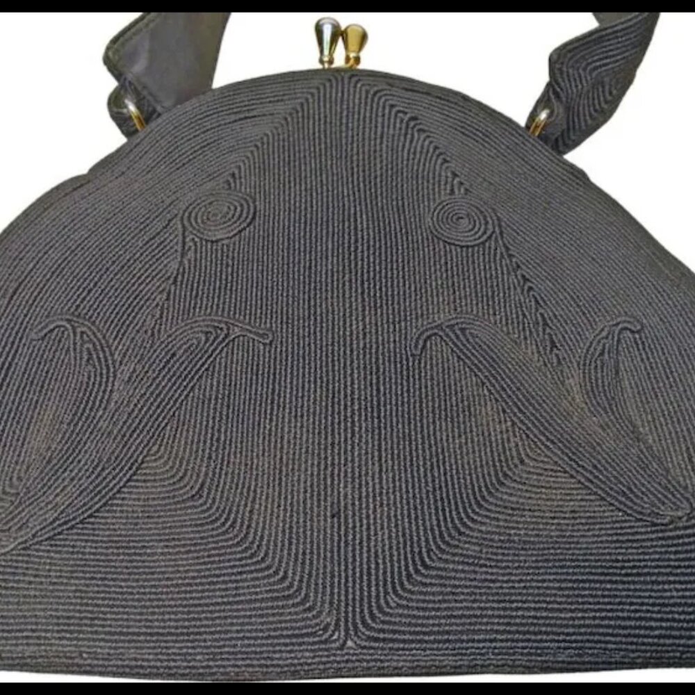 Vintage Art Deco Black Corde Purse, Mirror & Hairpins VFG 30s 1930s - Picture 6 of 12